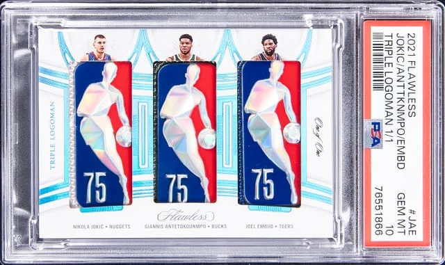 2021-22 Panini Flawless Nikola Jokic/Giannis Antetokounmpo/Joel Embiid Triple Logoman #TLM-JAE card image