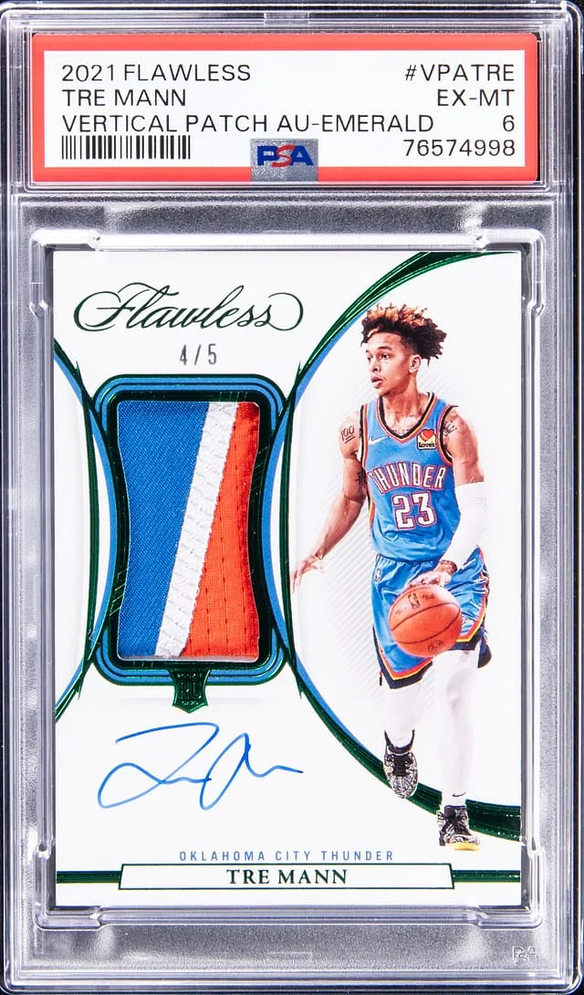 2021-22 Panini Flawless Tre Mann Vertical Patch Autograph Emerald #VPA-TRE card image