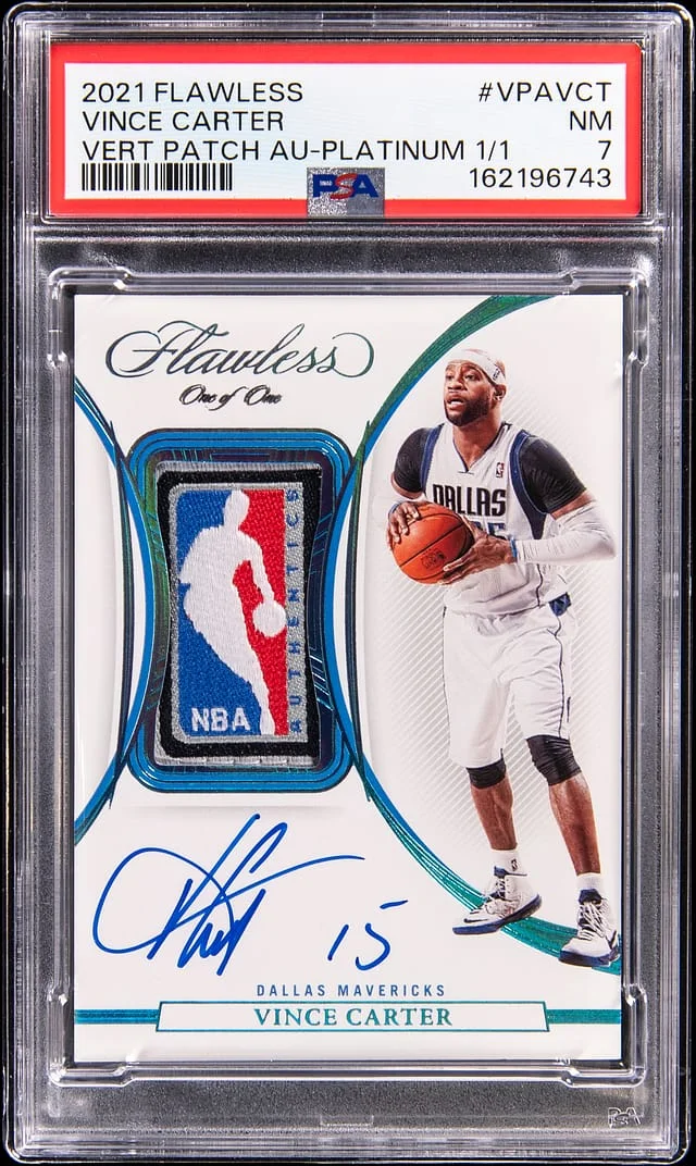 2021-22 Panini Flawless Vince Carter Vertical Patch Autograph Platinum #VPA-VCT card image