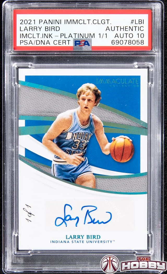 2021-22 Panini Immaculate Collection Larry Bird Collegiate Immaculate Ink Platinum #II-LBI card image