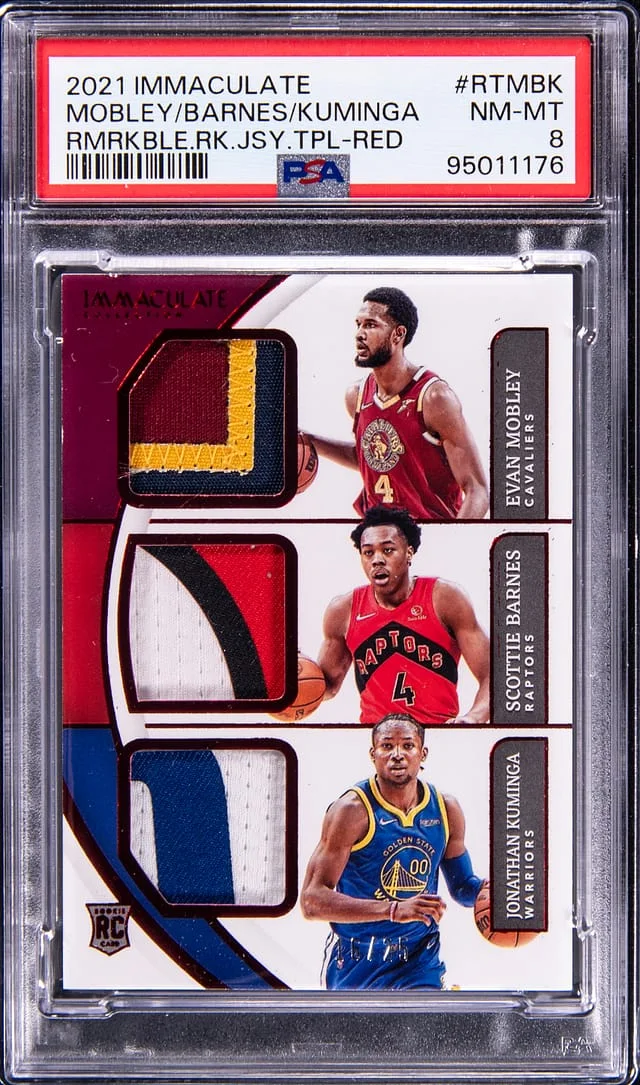 2021-22 Panini Immaculate Collection Mobley/Barnes/Kuminga Remarkable Jersey Triple Red #RT-MBK card image