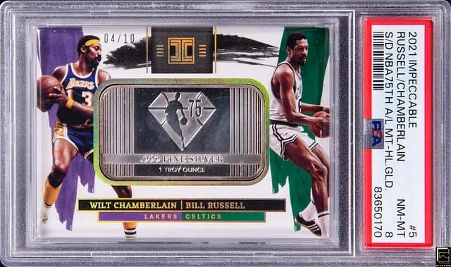 2021-22 Panini Impeccable Bill Russell/Wilt Chamberlain Silver Dual NBA 75th Materials Holo Gold #5 card image