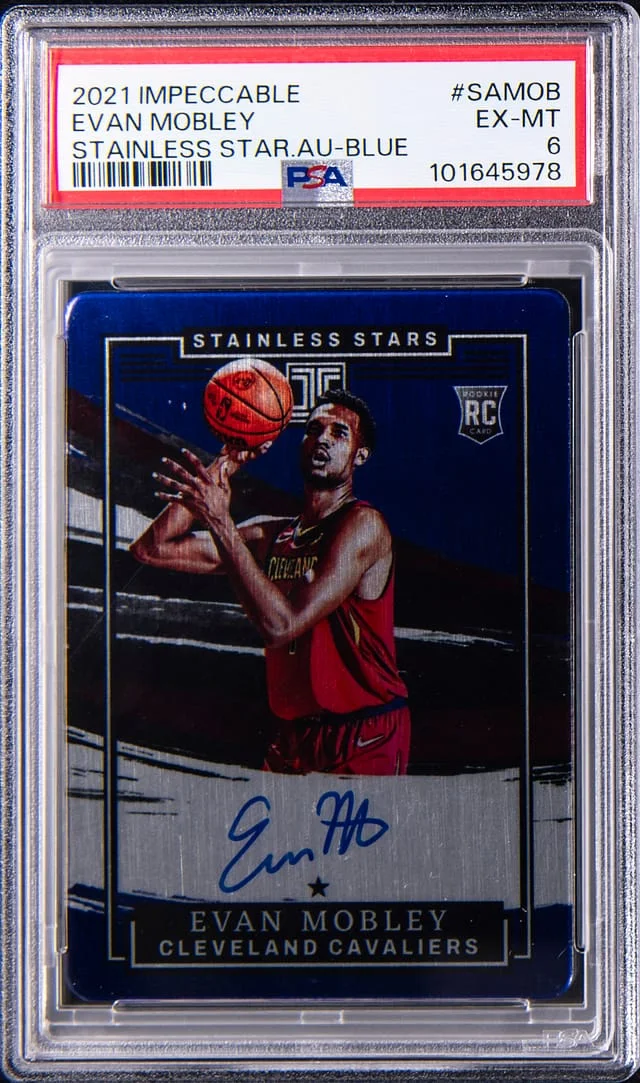 2021-22 Panini Impeccable Evan Mobley Stainless Stars Autograph Blue #SA-MOB card image