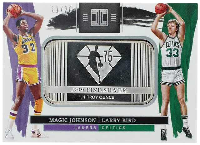 2021-22 Panini Impeccable Magic Johnson/Larry Bird Silver Bar Silver Dual NBA 75th Anniversary Logo #1 card image