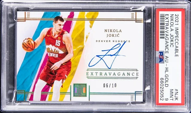 2021-22 Panini Impeccable Nikola Jokic Extravagance Autograph Holo Gold #EA-NJK card image