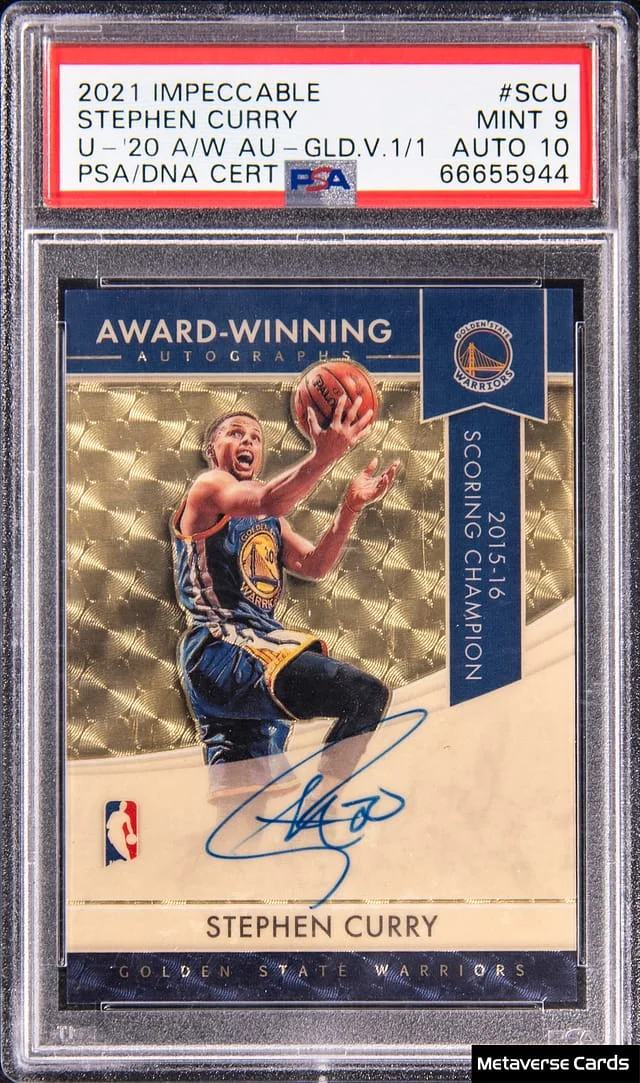2021-22 Panini Impeccable Stephen Curry Update '20-21 Award-Winning Autographs Gold Vinyl #AW-SCU card image
