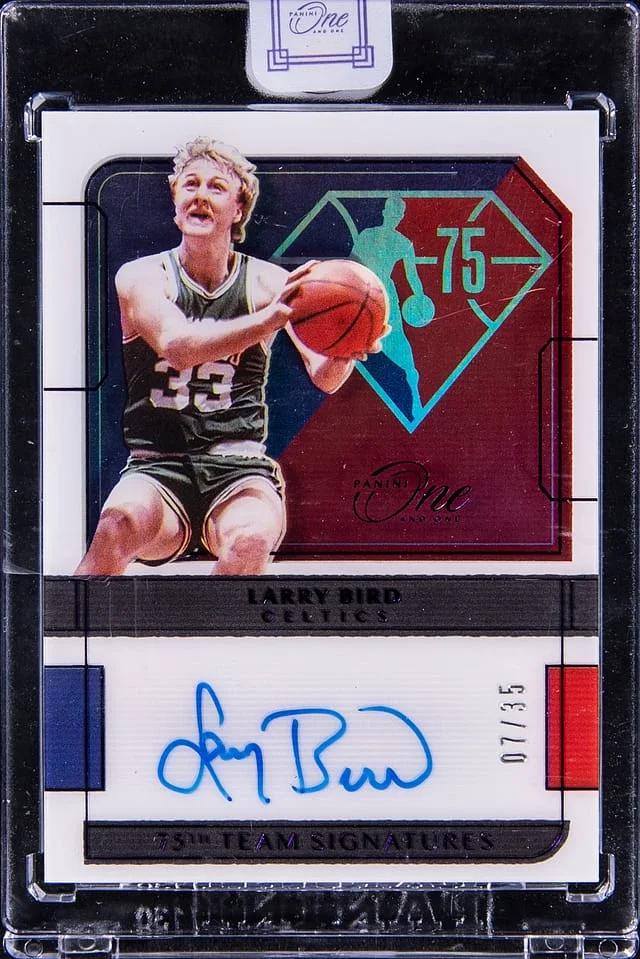 2021-22 Panini Larry Bird One 75th Team Signature Purple #75-LBD card image