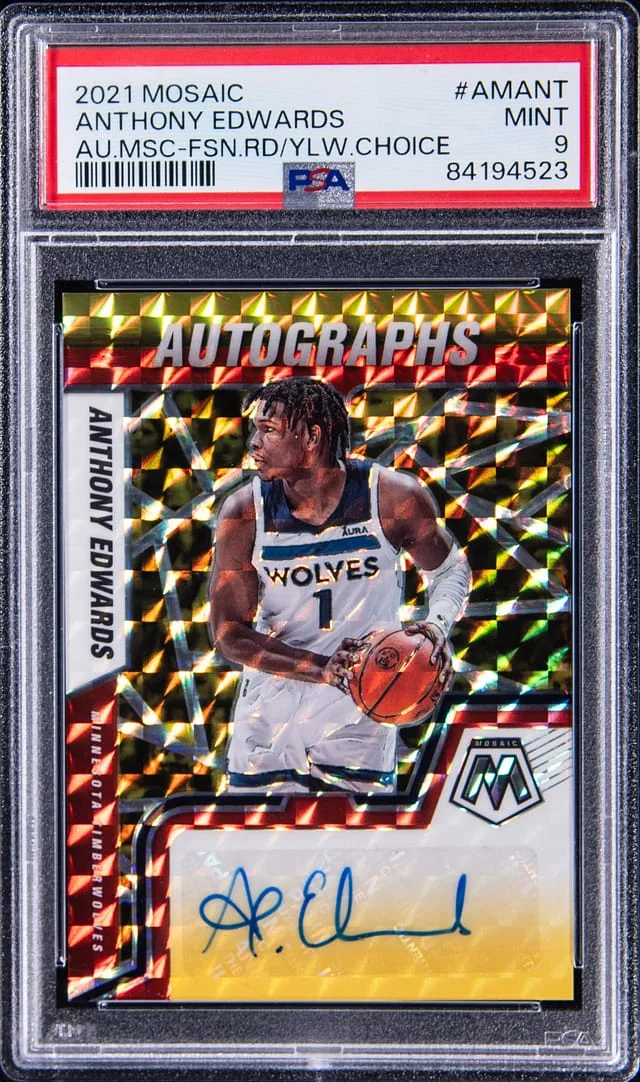 2021-22 Panini Mosaic Anthony Edwards Autographs Fusion Red/Yellow Choice #AMANT card image