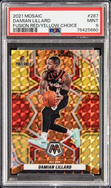 2021-22 Panini Mosaic Damian Lillard Fusion Red/Yellow Choice #287 card image
