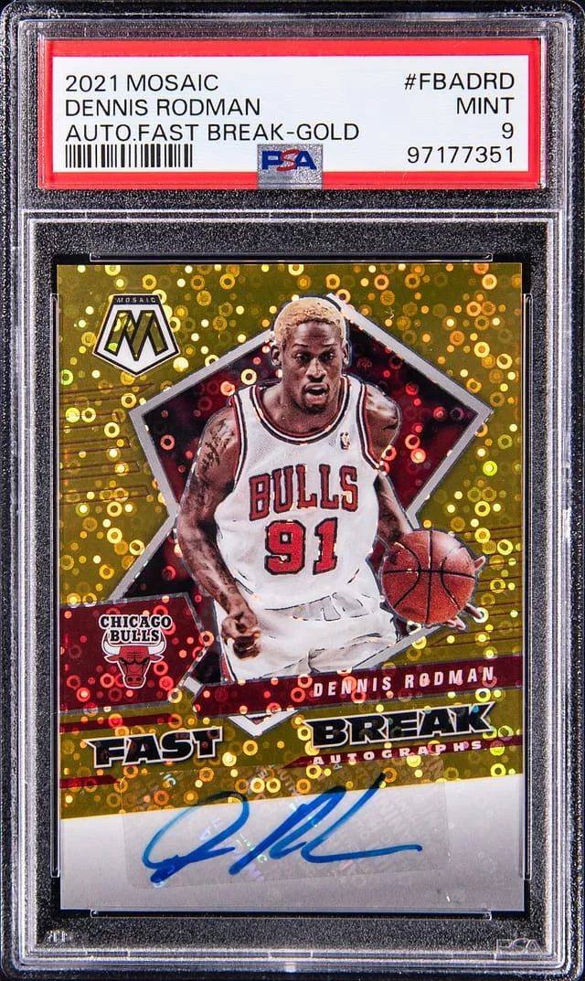 2021-22 Panini Mosaic Dennis Rodman Autograph Fast Break Gold #FBA-DRD card image