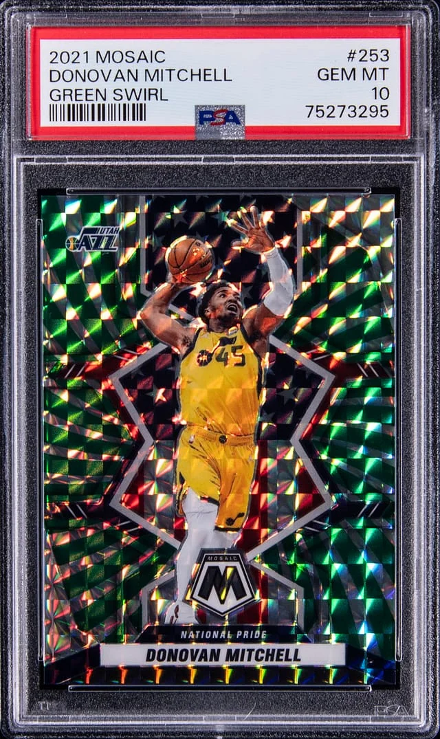2021-22 Panini Mosaic Donovan Mitchell Green Swirl #253 card image