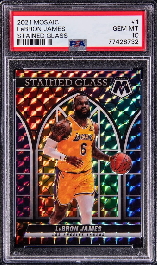 2021-22 Panini Mosaic LeBron James Stained Glass #1 card image