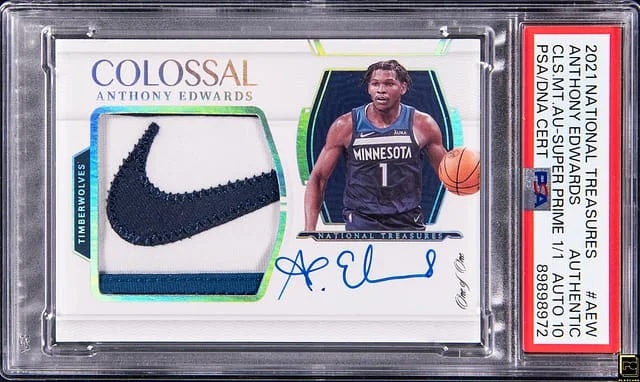 2021-22 Panini National Treasures Anthony Edwards Colossal Materials Autograph Super Prime #CM-AEW card image