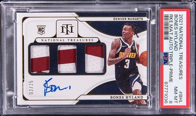 2021-22 Panini National Treasures Bones Hyland Material Autograph Triple Prime #BHL card image