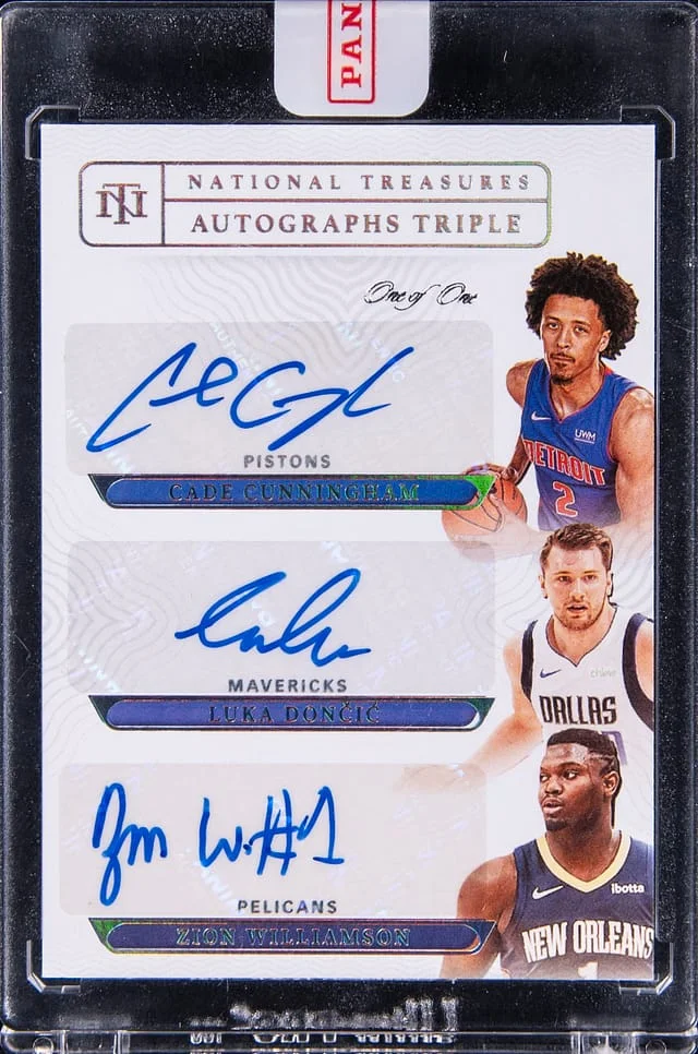 2021-22 Panini National Treasures Cade Cunningham/Luka Doncic/Zion Williamson Multi-Signed Card - Williamson's Jersey Number - Panini Encased Autographs Triple Platinum #AT-CDW card image
