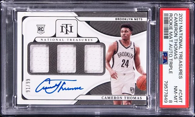 2021-22 Panini National Treasures Cameron Thomas Material Autographs Triple #RMT-CMT card image