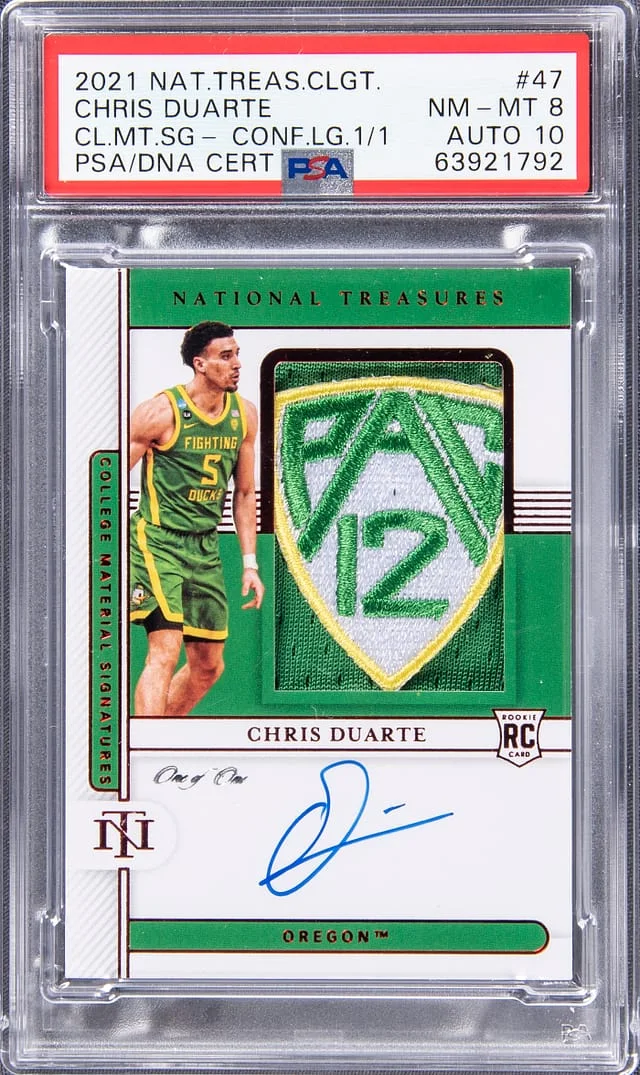 2021-22 Panini National Treasures Chris Duarte Collegiate College Material Signatures Conference Logo #47 card image