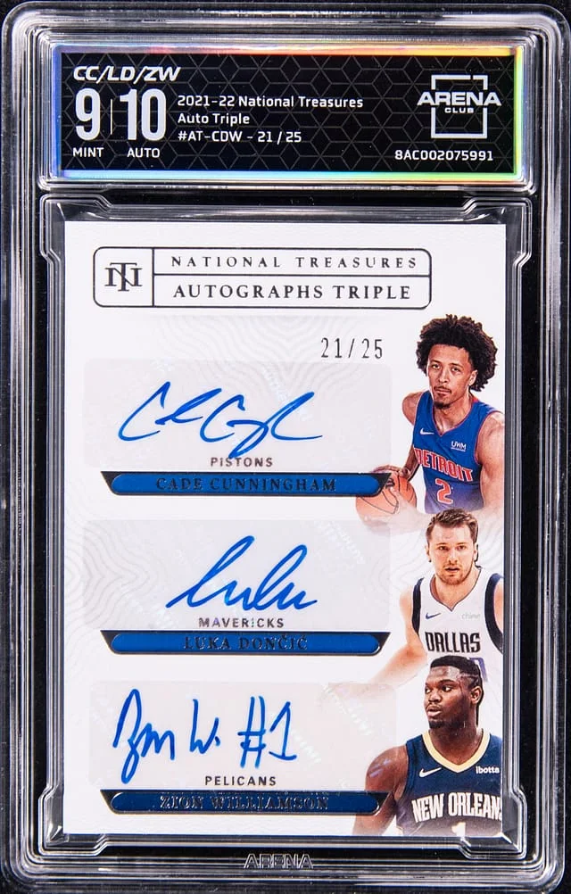 2021-22 Panini National Treasures Cunningham/Doncic/Williamson Multi-Signed - ACG MINT 9, ACG Autographs Triple #AT-CDW card image