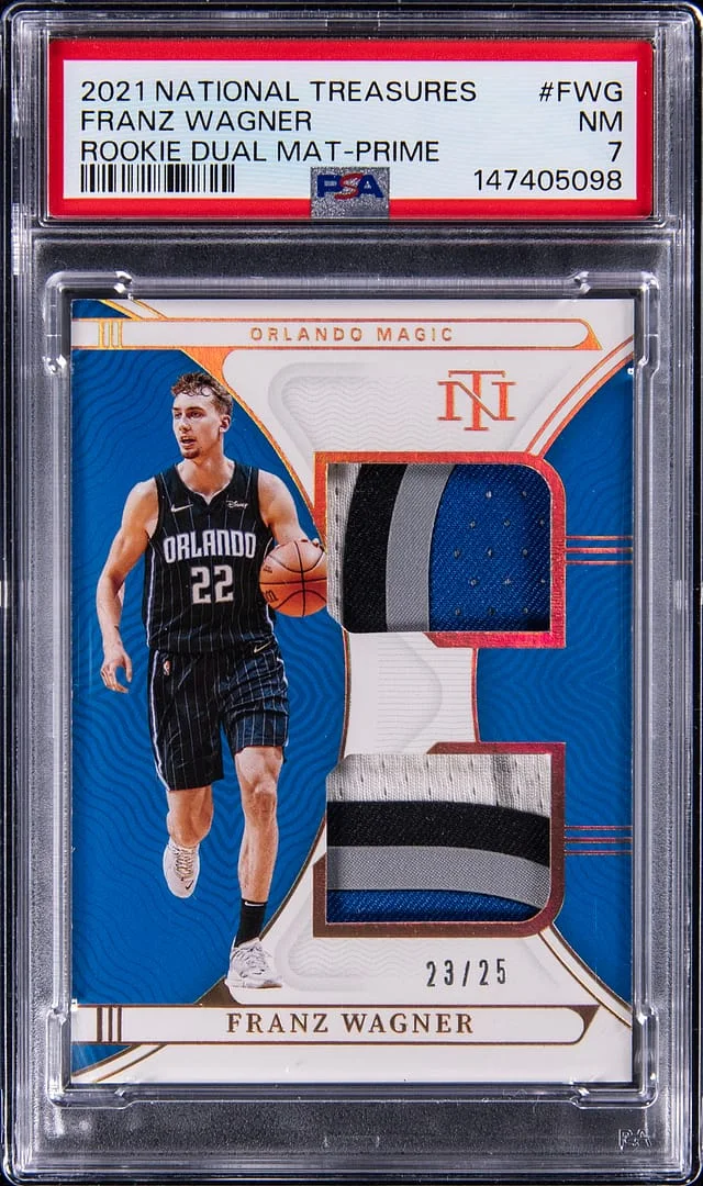 2021-22 Panini National Treasures Franz Wagner Dual Material Prime #RD-FWG card image