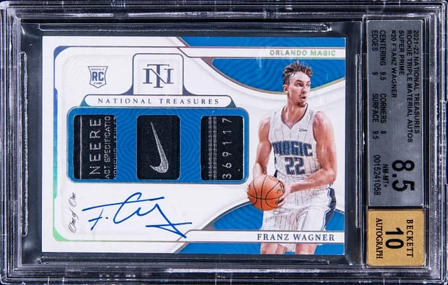2021-22 Panini National Treasures Franz Wagner Triple Material Autographs Super Prime #RMT-FZW card image