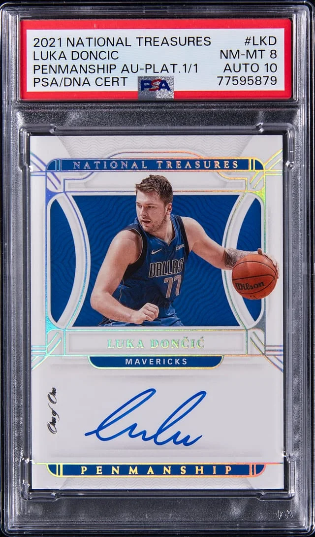 2021-22 Panini National Treasures Luka Doncic Penmanship Autographs Emerald 2023 National Black Box #PMS-LKD card image
