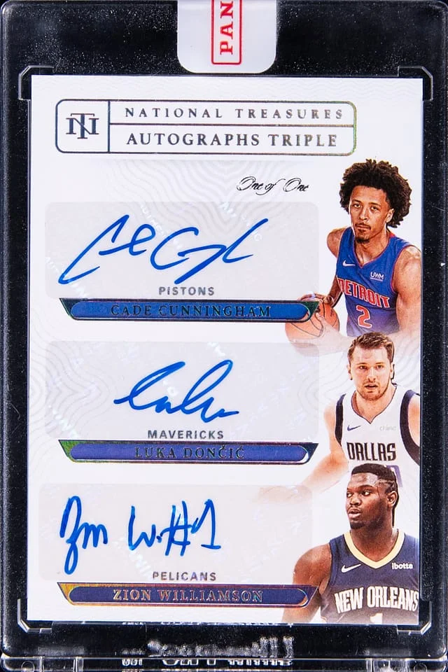 2021-22 Panini National Treasures Luka Doncic/Zion Williamson/Cade Cunningham Multi-Signed Card - Panini Encased Autographs Triple Platinum #AT-CDW card image