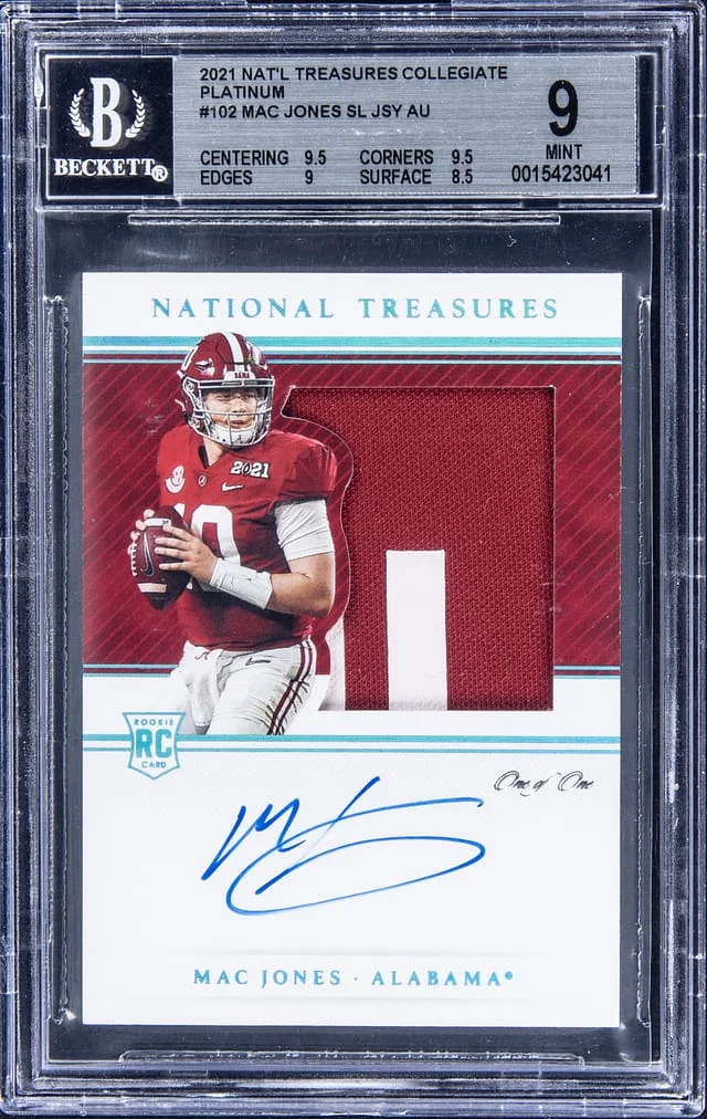 2021-22 Panini National Treasures Mac Jones Collegiate Platinum #102 card image