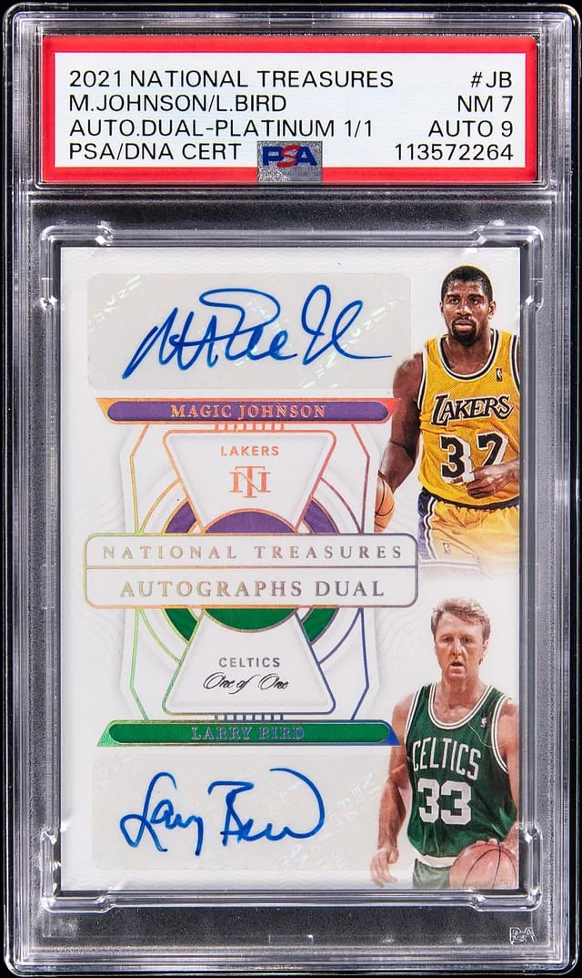 2021-22 Panini National Treasures Magic Johnson/Larry Bird Autographs Dual Platinum #AD-JB card image