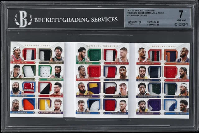 2021-22 Panini National Treasures Nikola Jokic/LeBron James/Stephen Curry Patch Booklet Chest Memorabilia Prime #TC-ASG card image