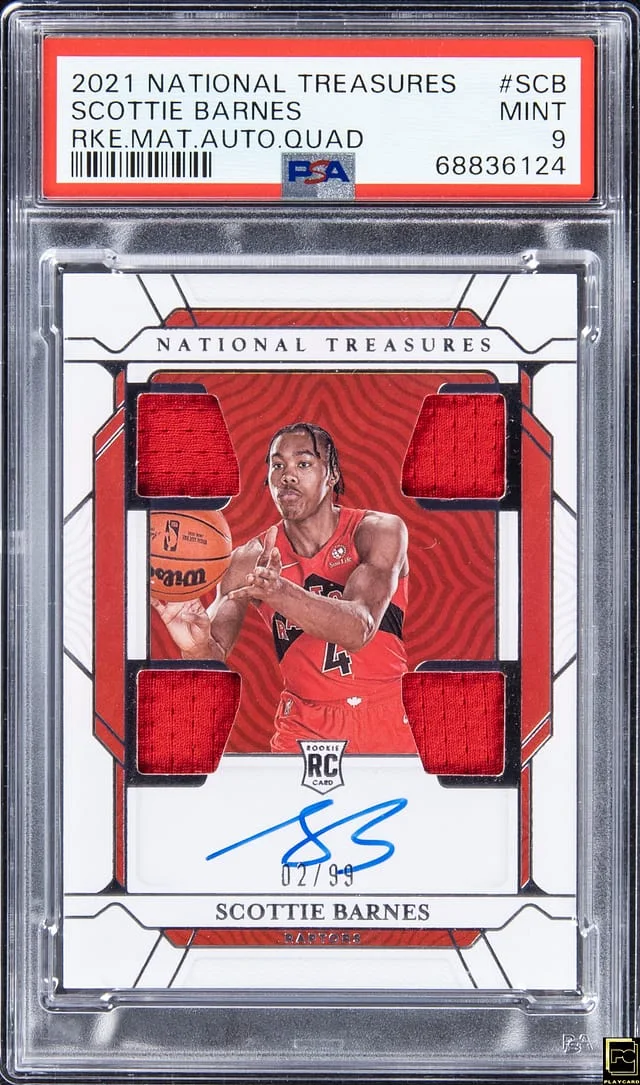 2021-22 Panini National Treasures Scottie Barnes Materials Autograph Quad #RMG-SCB card image