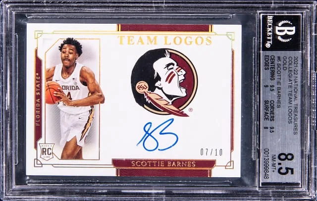 2021-22 Panini National Treasures Scottie Barnes Collegiate Team Logos Gold #TL-SB card image