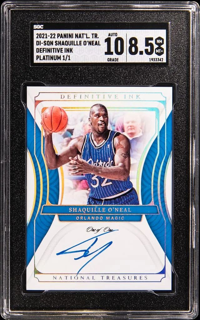 2021-22 Panini National Treasures Shaquille O'Neal Definitive Ink Platinum #DI-SQN card image