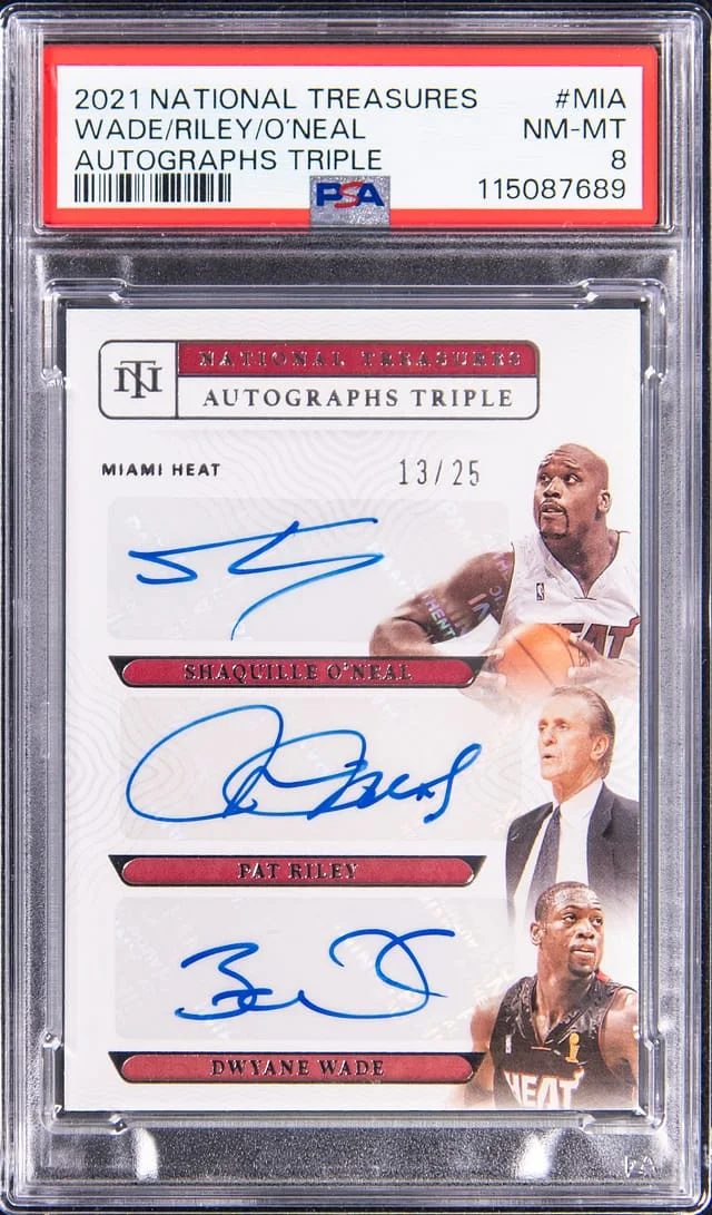 2021-22 Panini National Treasures Shaquille O'Neal/Pat Riley/Dwyane Wade Multi-Signed Autographs Triple #AT-MIA card image
