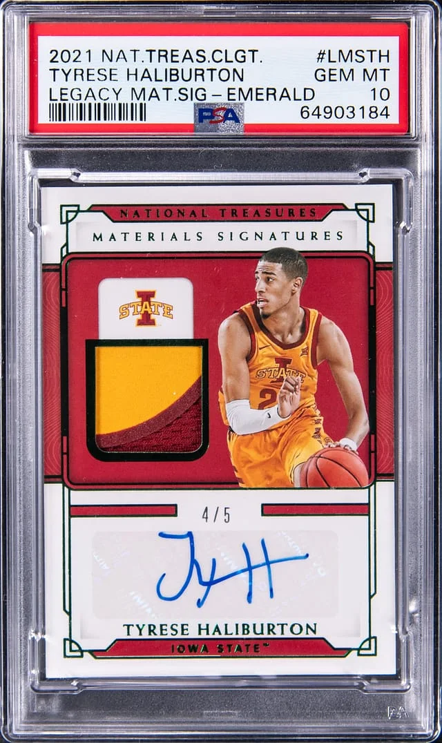 2021-22 Panini National Treasures Tyrese Haliburton Collegiate Legacy Material Signatures Emerald #LMS-TH card image