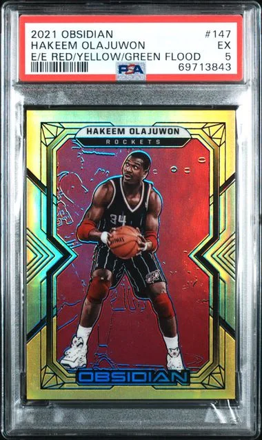 2021-22 Panini Obsidian Hakeem Olajuwon Electric Etch Red/Yellow/Green Flood #147 card image