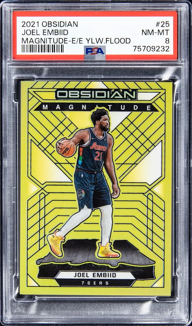 2021-22 Panini Obsidian Joel Embiid Magnitude Electric Etch Yellow Flood #25 card image