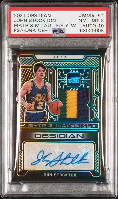 2021-22 Panini Obsidian John Stockton Matrix Material Autographs Electric Etch Yellow #MMA-JST card image