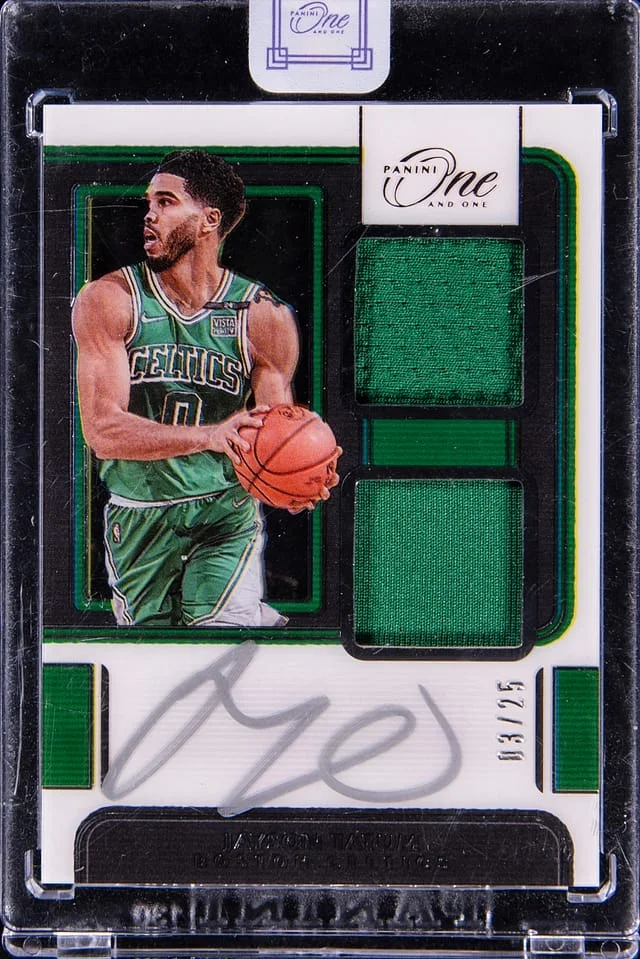 2021-22 Panini One and One Jayson Tatum Dual Jersey Autographs #DJ-JTT card image