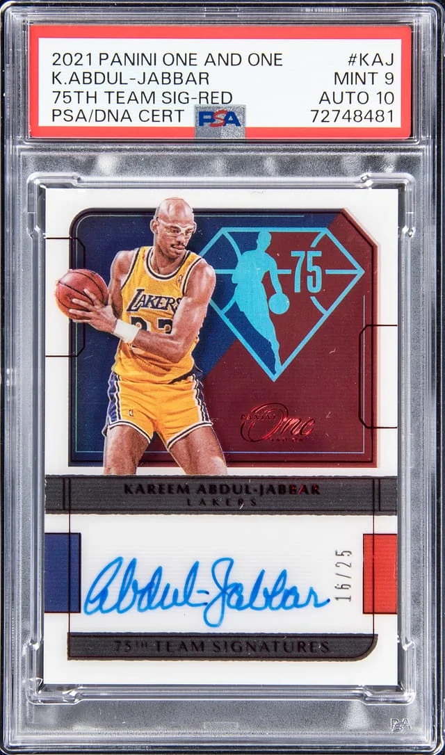 2021-22 Panini One and One Kareem Abdul-Jabbar 75th Anniversary Team Signatures Red #75-KAJ card image