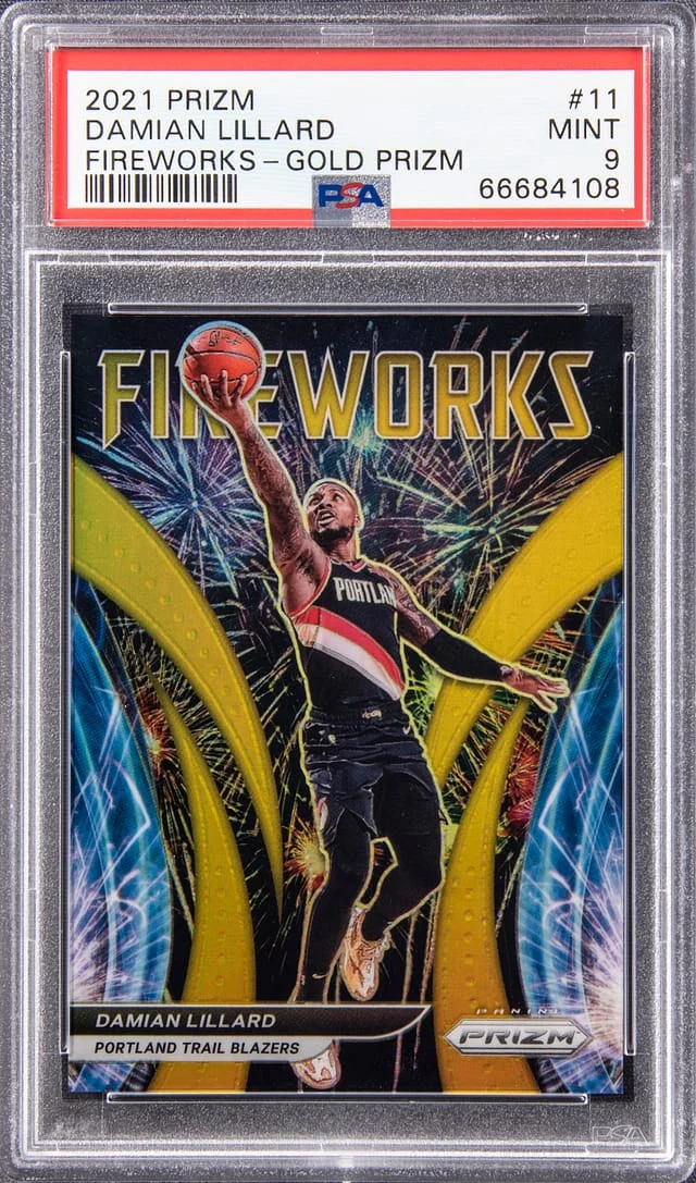 2021-22 Panini Prizm Damian Lillard Fireworks Gold Prizm #11 card image