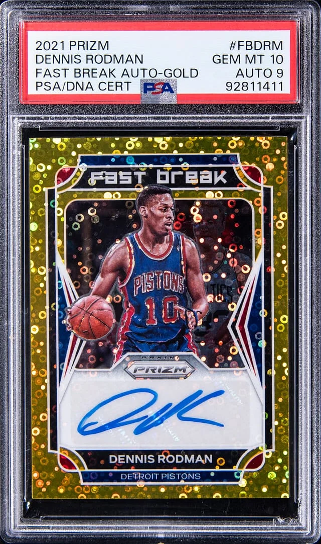 2021-22 Panini Prizm Dennis Rodman Fast Break Autograph Gold #FB-DRM card image