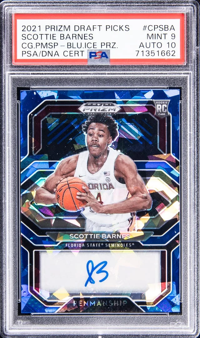 2021-22 Panini Prizm Draft Picks Scottie Barnes College Penmanship Blue Ice Prizm #CP-SBA card image