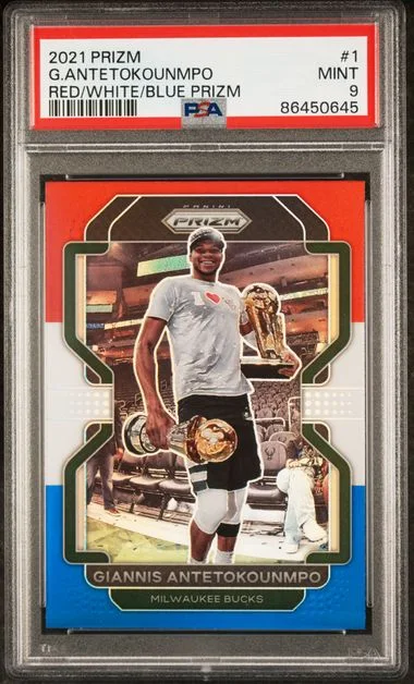 2021-22 Panini Prizm Giannis Antetokounmpo Red/White/Blue Prizm #1 card image