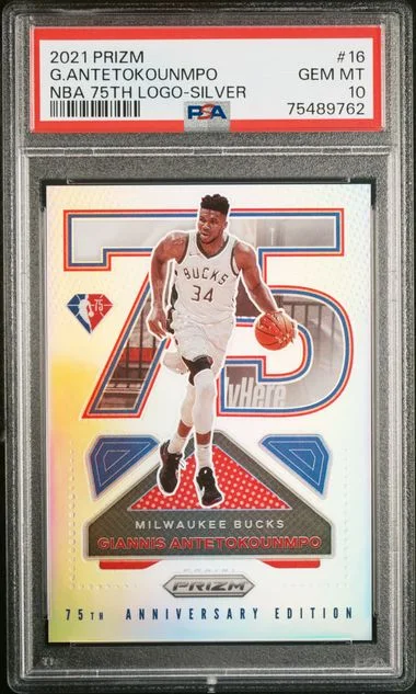2021-22 Panini Prizm Giannis Antetokounmpo NBA 75Th Logo Silver #16 card image