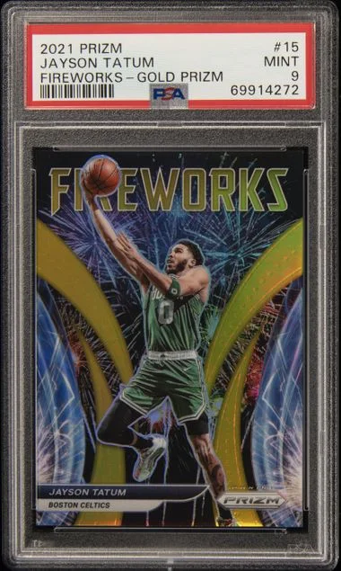 2021-22 Panini Prizm Jayson Tatum Fireworks Gold Prizm #15 card image