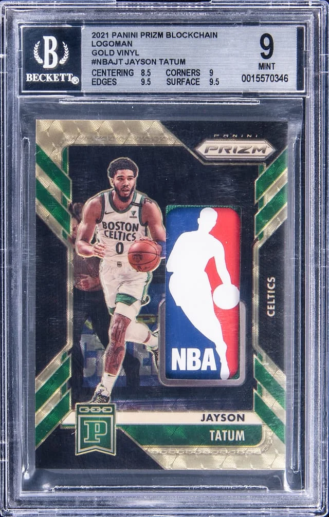 2021-22 Panini Prizm Jayson Tatum Blockchain Logoman Gold Vinyl #NBA-JT card image