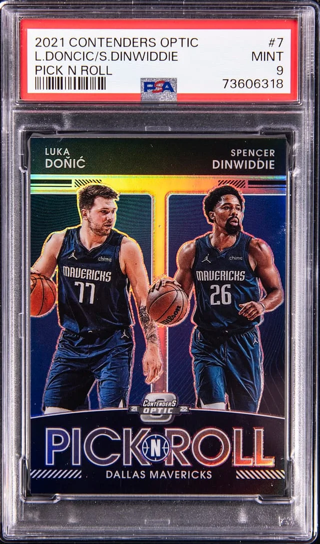 2021-22 Panini Prizm Luka Dońić and Spencer Dinwiddie Contenders Optic Pick N Roll #7 card image