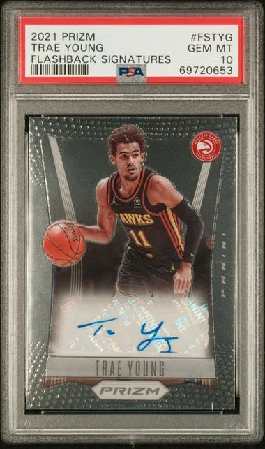 2021-22 Panini Prizm Trae Young Flashback Signature #FS-TYG card image