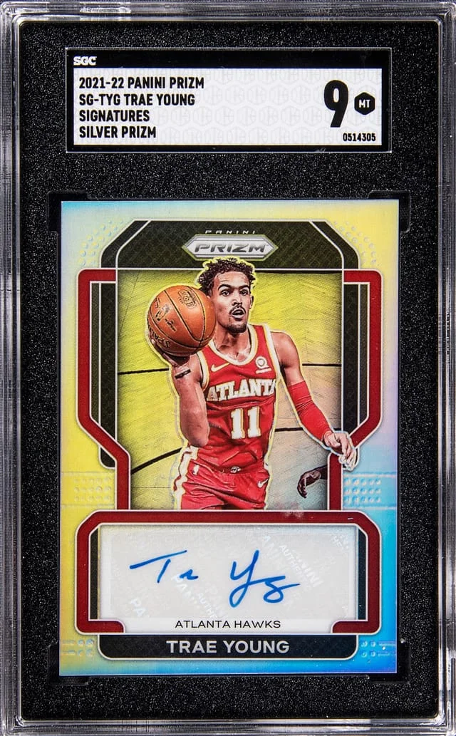 2021-22 Panini Prizm Trae Young Signatures Silver Prizm #SG-TYG card image