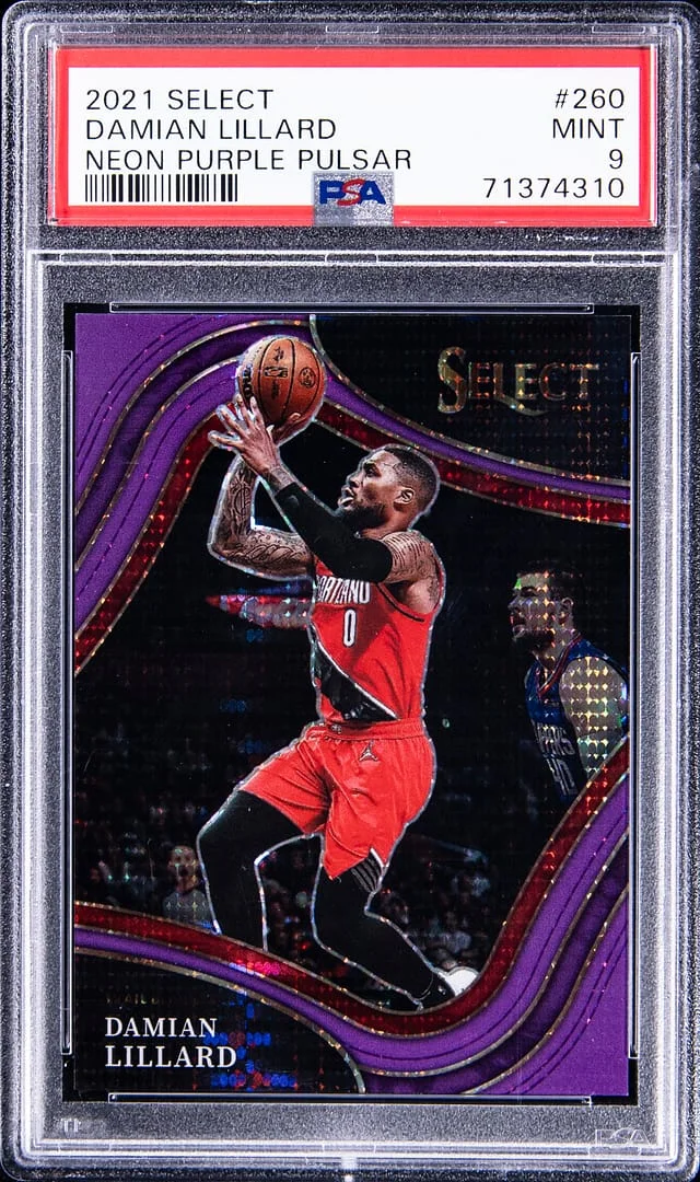 2021-22 Panini Select Damian Lillard Neon Purple Pulsar #260 card image